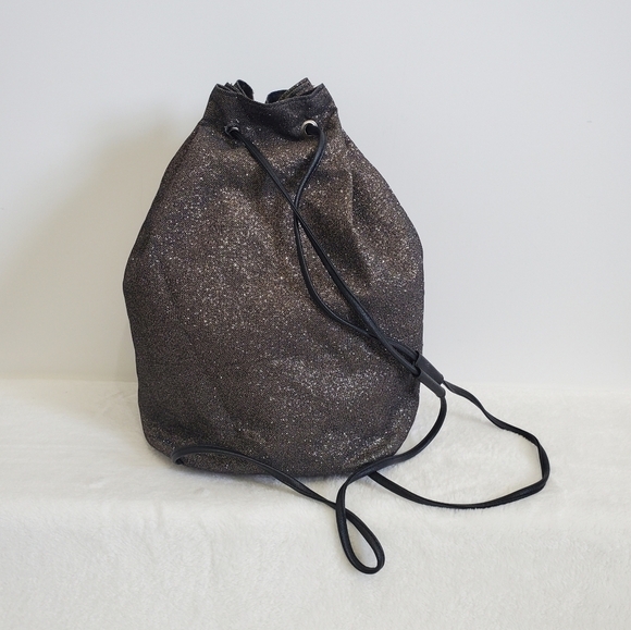 Victoria's Secret VS Bucket Backpack Black Silver Glitter Drawstring Tote Bag - Picture 4 of 13
